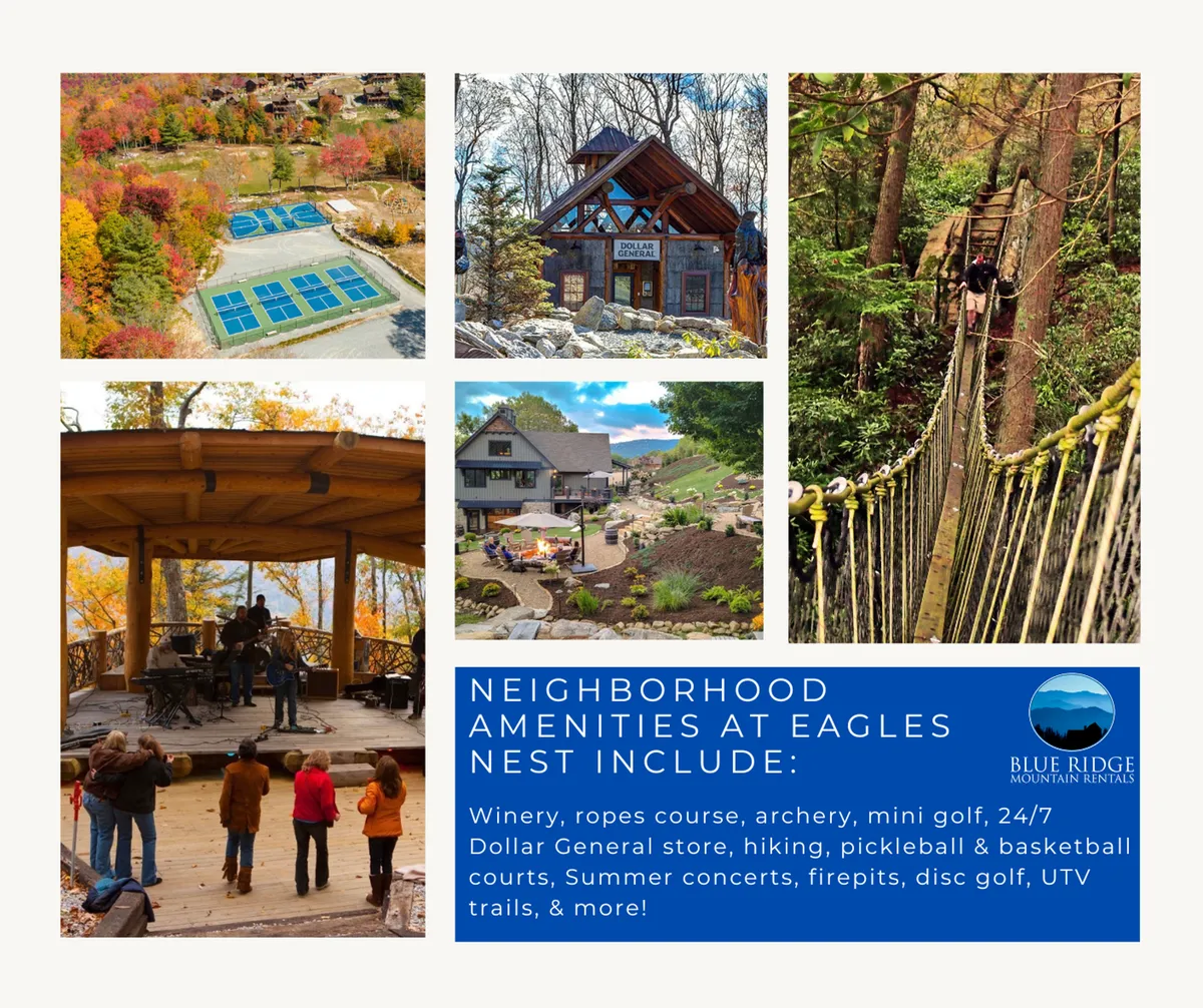 A vibrant exterior scene featuring key community amenities: a ropes course, archery area, mini golf course, outdoor concert stage, modern cabins, and walking trails. People are seen engaging in activities like hiking, playing mini golf, participating in archery, attending a summer concert under the stars, and socializing around firepits.